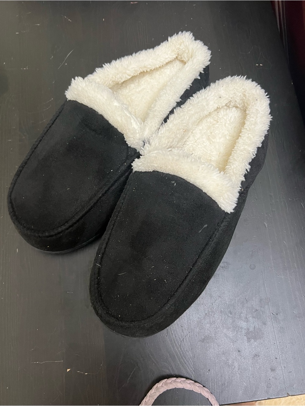 Women's Black Suede-Look Slip-On Slippers with Cream Fleece Lining